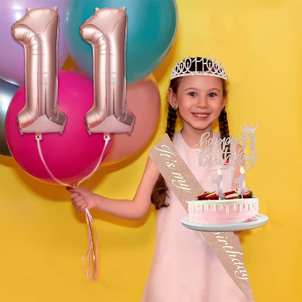 Awfrky 11th Birthday Decorations for Girls – Crown, Sash, Cake Topper, Candles & Balloons