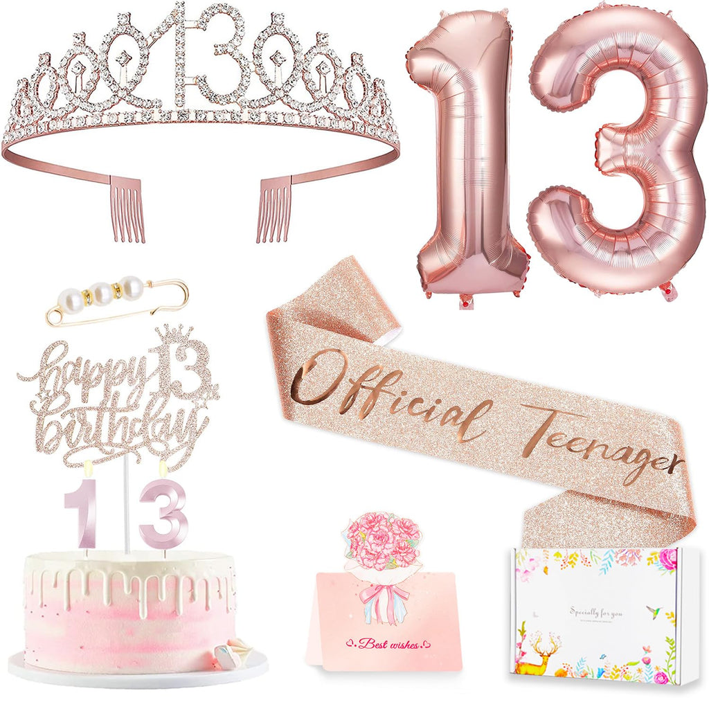 Awfrky 13th Birthday Decorations for Girls - Rose Gold Crown, Sash, Topper & Balloons