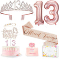 Awfrky 13th Birthday Decorations for Girls - Rose Gold Crown, Sash, Topper & Balloons