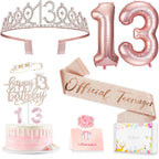 Awfrky 13th Birthday Decorations for Girls - Rose Gold Crown, Sash, Topper & Balloons