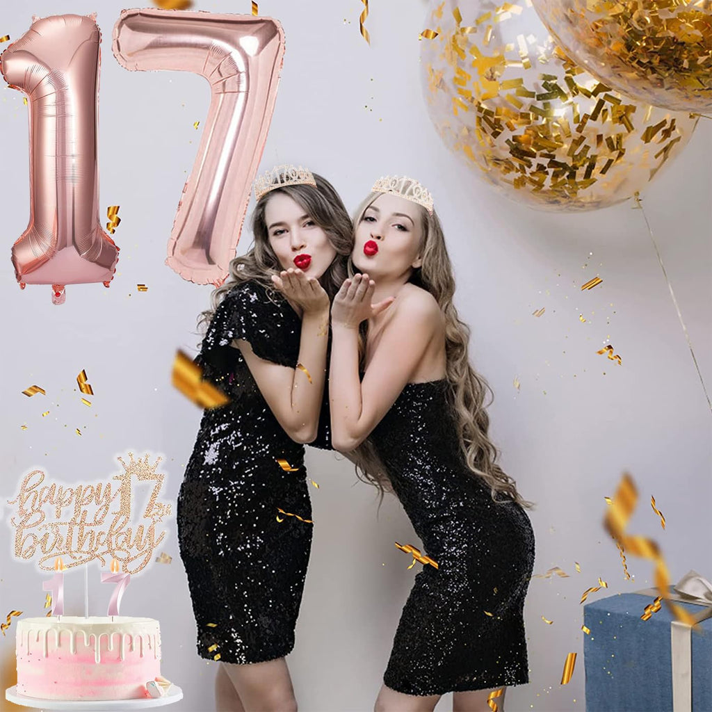 Awfrky 17th Birthday Decorations for Girls – Sash, Crown, Cake Topper, Candles & Balloons