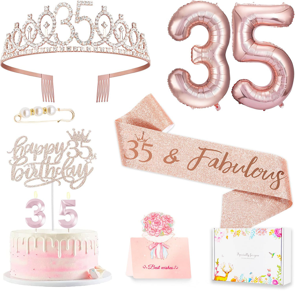Awfrky 35th Birthday Decorations for Women – Rose Gold Crown, Sash, Cake Topper, Candles & Balloons