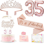 Awfrky 35th Birthday Decorations for Women – Rose Gold Crown, Sash, Cake Topper, Candles & Balloons