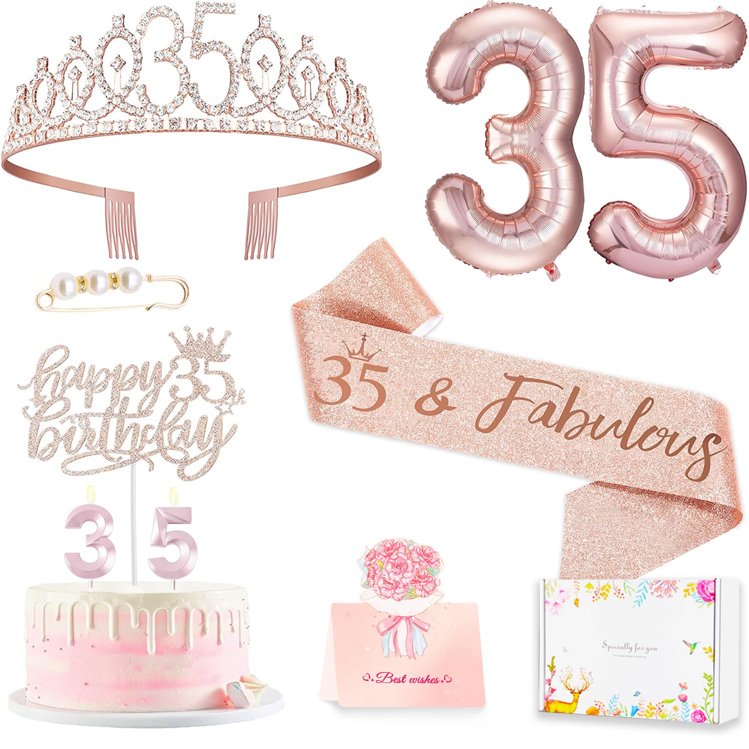 Awfrky 35th Birthday Decorations for Women – Rose Gold Crown, Sash, Cake Topper, Candles & Balloons