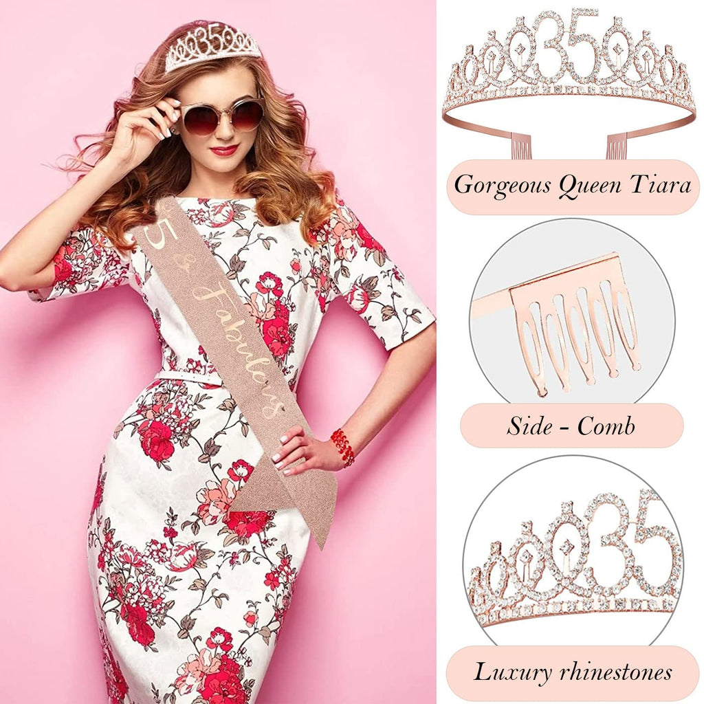 Awfrky 35th Birthday Decorations for Women – Rose Gold Crown, Sash, Cake Topper, Candles & Balloons