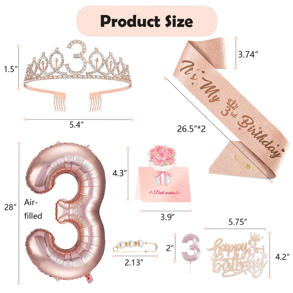 Awfrky Rose Gold 3rd Birthday Decorations for Girls – Tiara, Sash, Cake Topper & Balloons