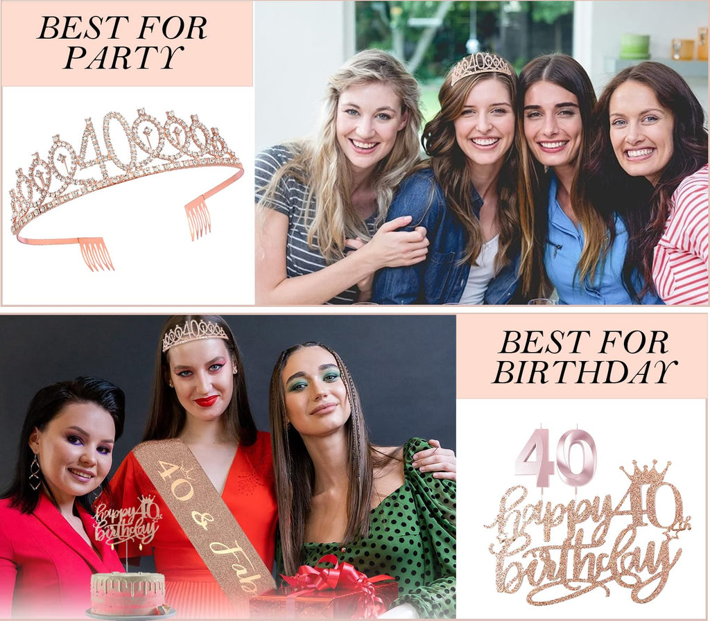 Awfrky 40th Birthday Decorations for Women – Sash, Crown, Cake Topper & Balloons