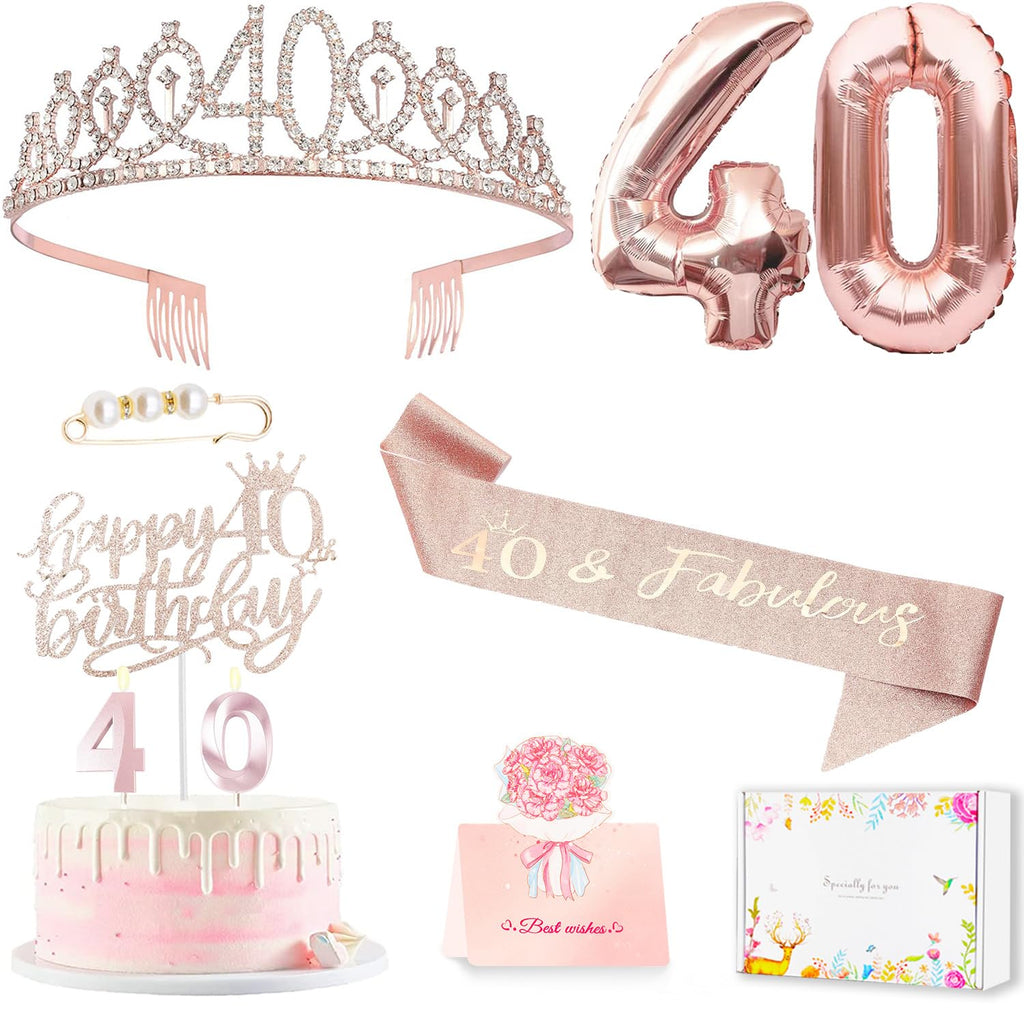Awfrky 40th Birthday Decorations for Women – Sash, Crown, Cake Topper & Balloons