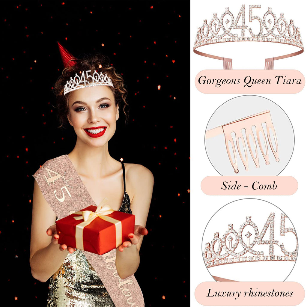Awfrky 45th Birthday Decorations for Women – Rose Gold Tiara, Sash, Cake Topper & Balloons