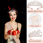 Awfrky 45th Birthday Decorations for Women – Rose Gold Tiara, Sash, Cake Topper & Balloons