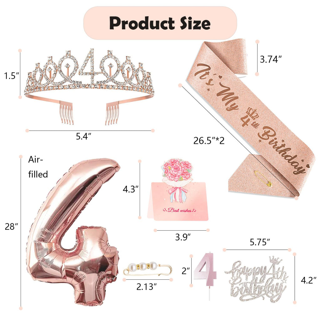 Awfrky 4th Birthday Decorations for Girls – Rose Gold Crown, Sash, Cake Topper & Balloons