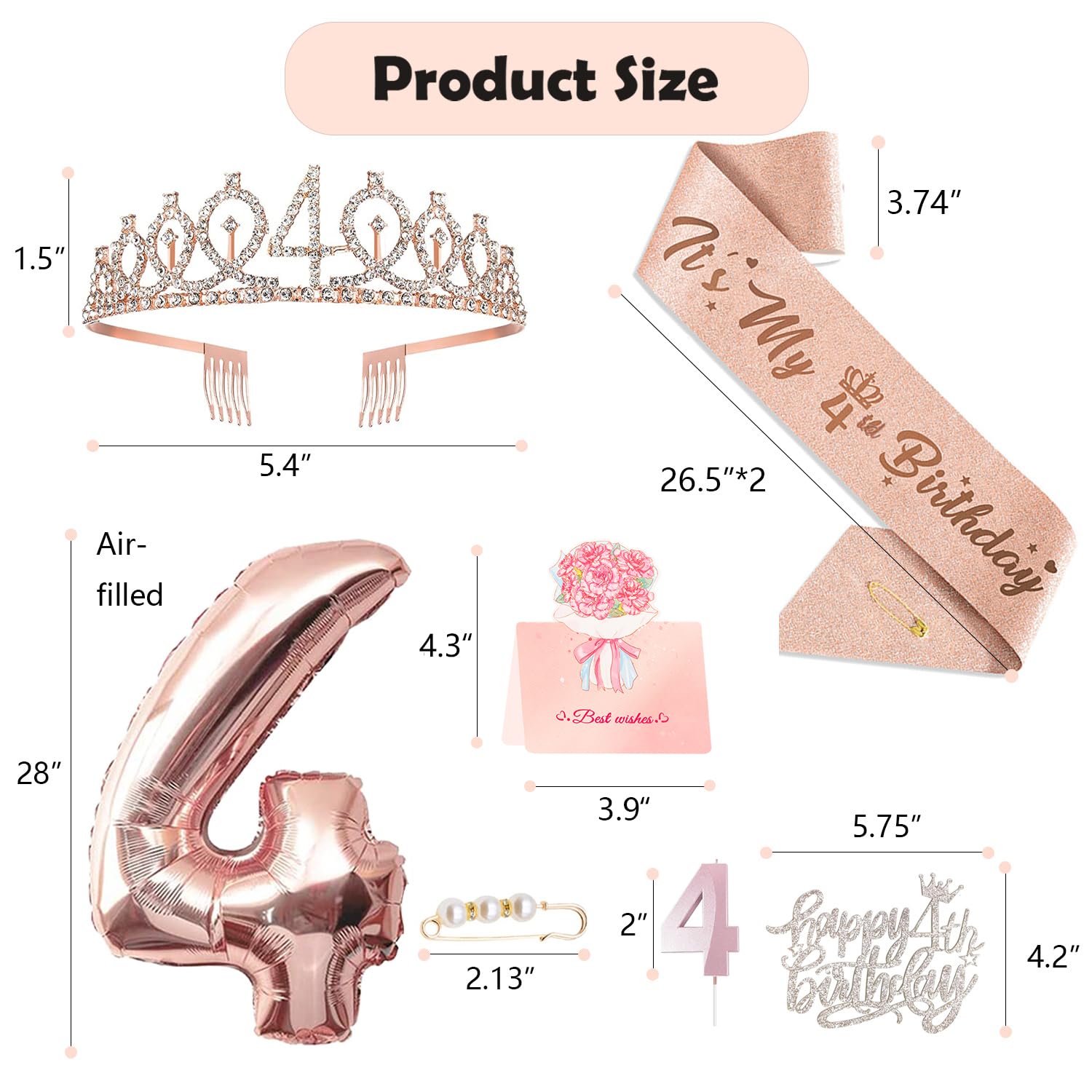 Awfrky 4th Birthday Decorations for Girls – Rose Gold Crown, Sash, Cake Topper & Balloons