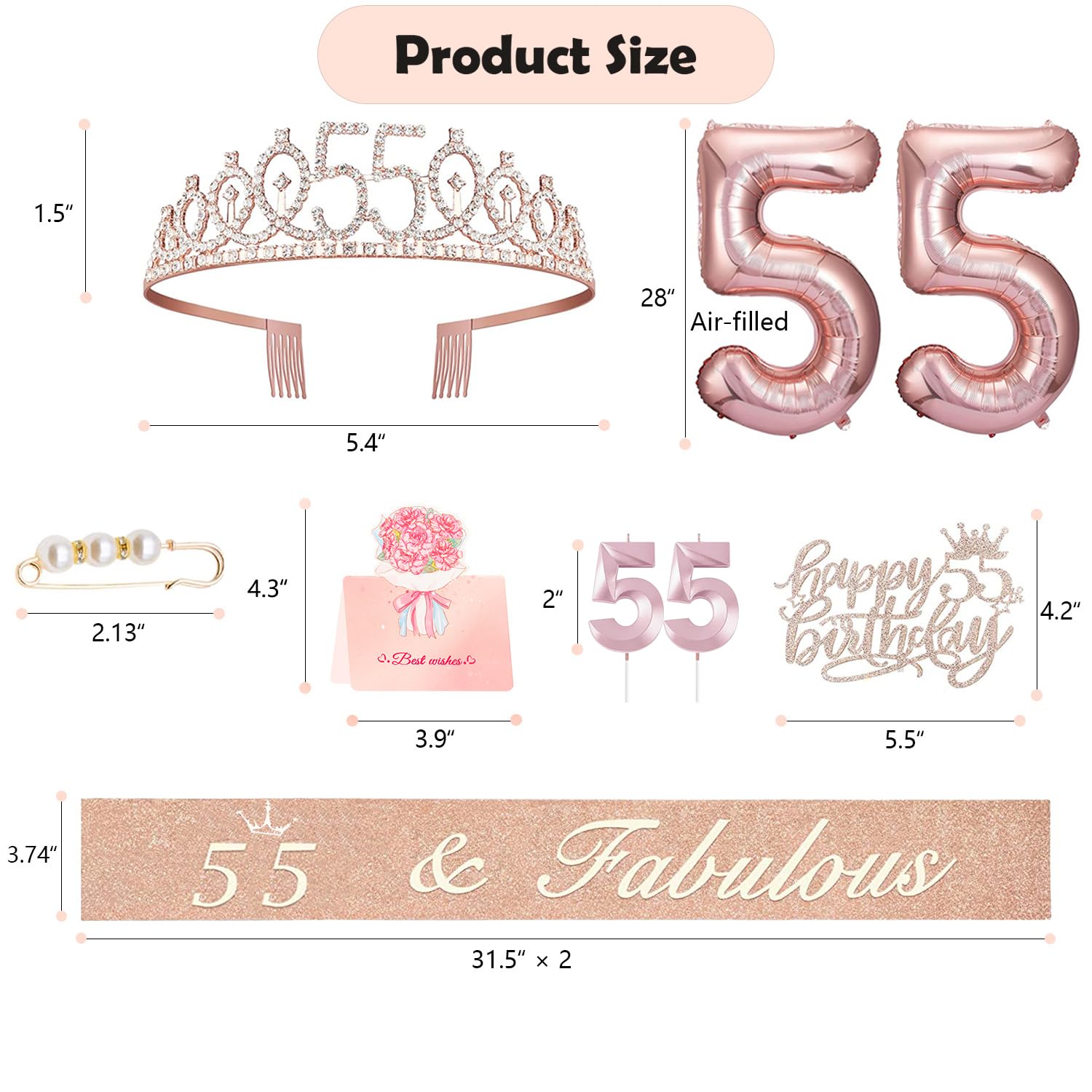 Awfrky 55th Birthday Decorations for Women – Crown, Sash, Cake Topper, Candles & Balloons