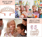 Awfrky 65th Birthday Decorations for Women – Rose Gold Crown, Sash, Cake Topper & Balloons Set