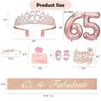 Awfrky 65th Birthday Decorations for Women – Rose Gold Crown, Sash, Cake Topper & Balloons Set