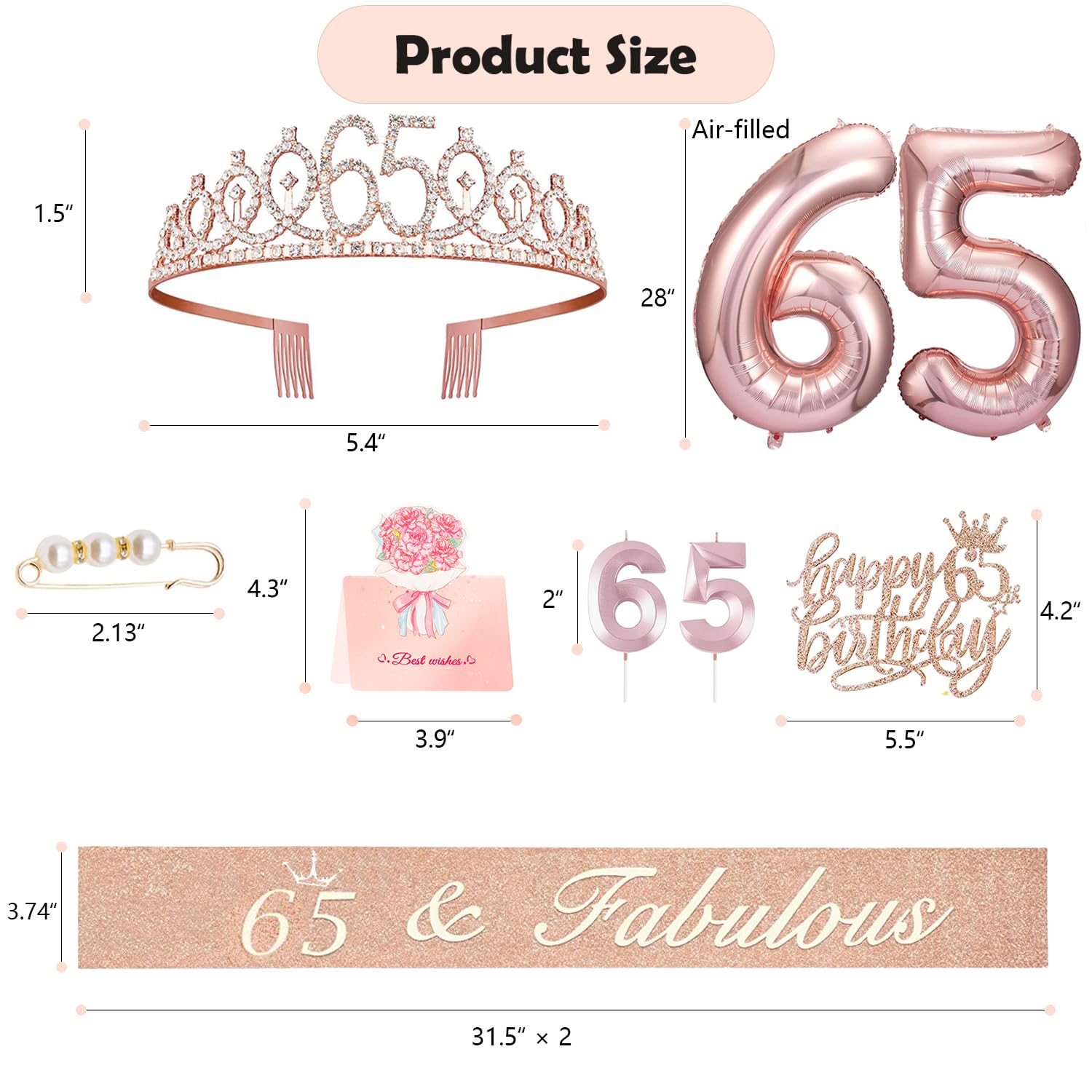 Awfrky 65th Birthday Decorations for Women – Rose Gold Crown, Sash, Cake Topper & Balloons Set