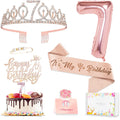 Awfrky 7th Birthday Decorations for Girls — Rose Gold Tiara, Sash, Cake Topper & Balloons