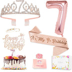 Awfrky 7th Birthday Decorations for Girls — Rose Gold Tiara, Sash, Cake Topper & Balloons