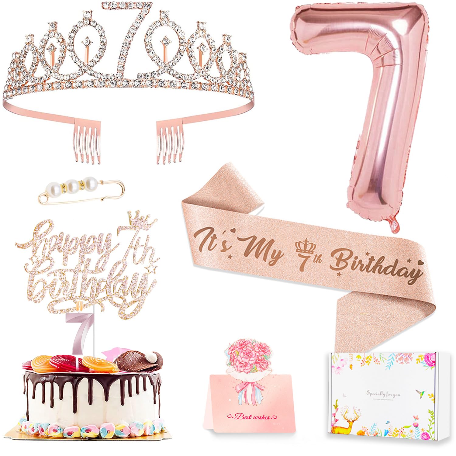 Awfrky 7th Birthday Decorations for Girls — Rose Gold Tiara, Sash, Cake Topper & Balloons
