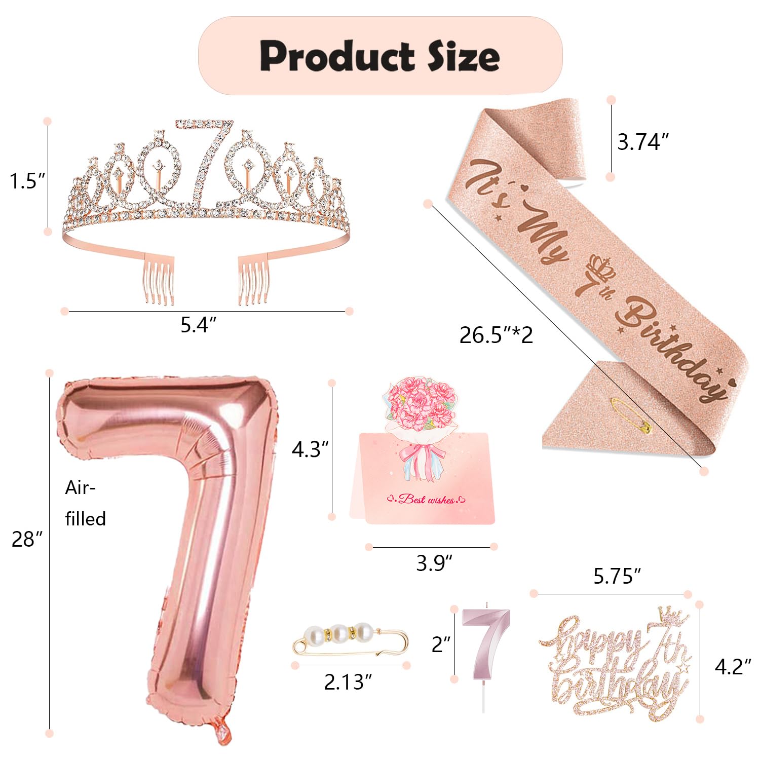 Awfrky 7th Birthday Decorations for Girls — Rose Gold Tiara, Sash, Cake Topper & Balloons