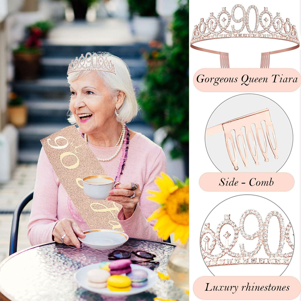 Awfrky 90th Birthday Decorations for Women – Rose Gold Crown, Sash, Cake Topper & Balloons