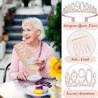 Awfrky 90th Birthday Decorations for Women – Rose Gold Crown, Sash, Cake Topper & Balloons
