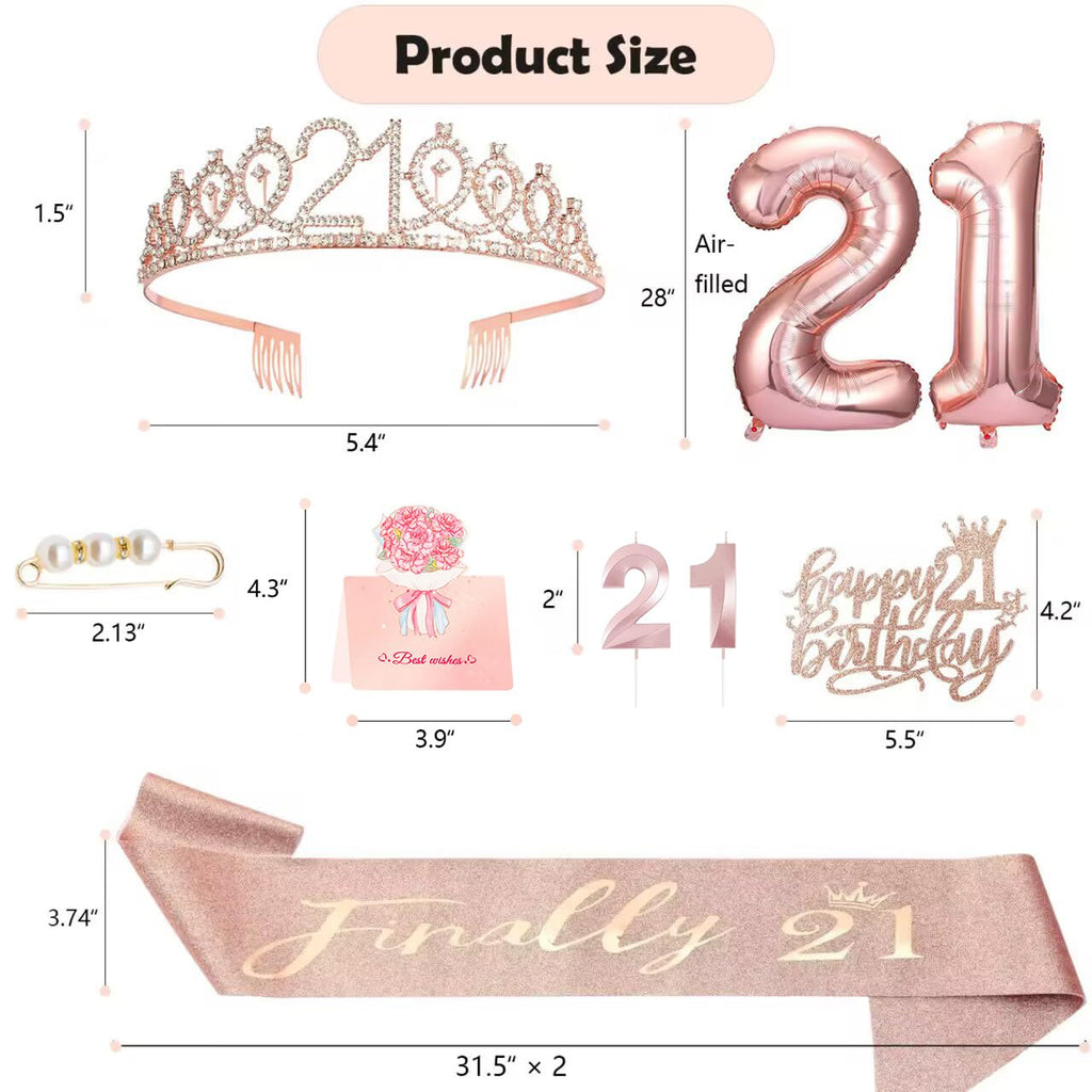 Awfrky 21st Birthday Decorations for Her – Rose Gold Tiara, Sash, Cake Topper & Balloons