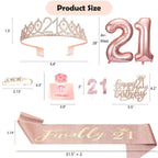 Awfrky 21st Birthday Decorations for Her – Rose Gold Tiara, Sash, Cake Topper & Balloons
