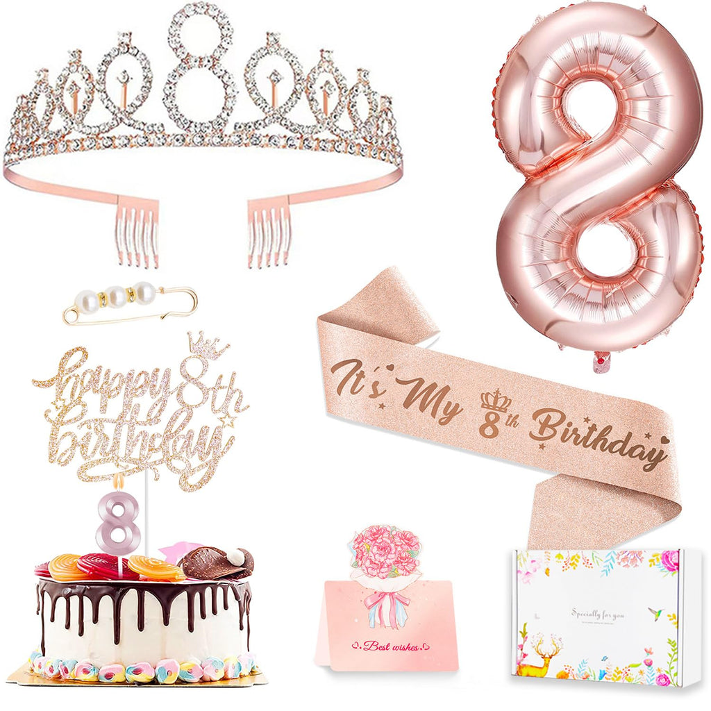 Awfrky 8th Birthday Decorations for Girls - Rose Gold Crown, Sash, Cake Topper, Candles & Balloons