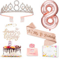 Awfrky 8th Birthday Decorations for Girls - Rose Gold Crown, Sash, Cake Topper, Candles & Balloons