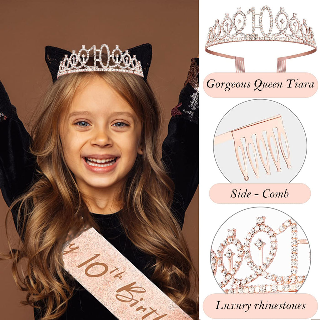 Awfrky 10th Birthday Decorations for Girls – Crown, Sash, Cake Topper, Candles & Balloons