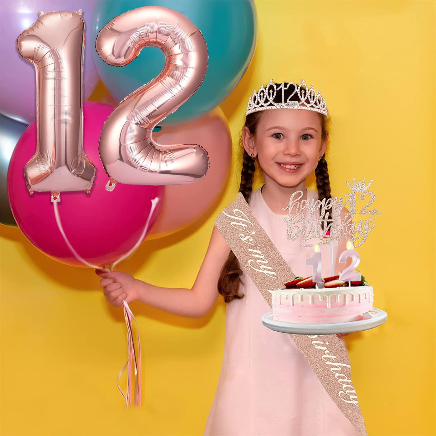 Awfrky 12th Birthday Decorations for Girls – Rose Gold Crown, Sash, Topper & Balloons