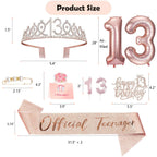 Awfrky 13th Birthday Decorations for Girls - Rose Gold Crown, Sash, Topper & Balloons