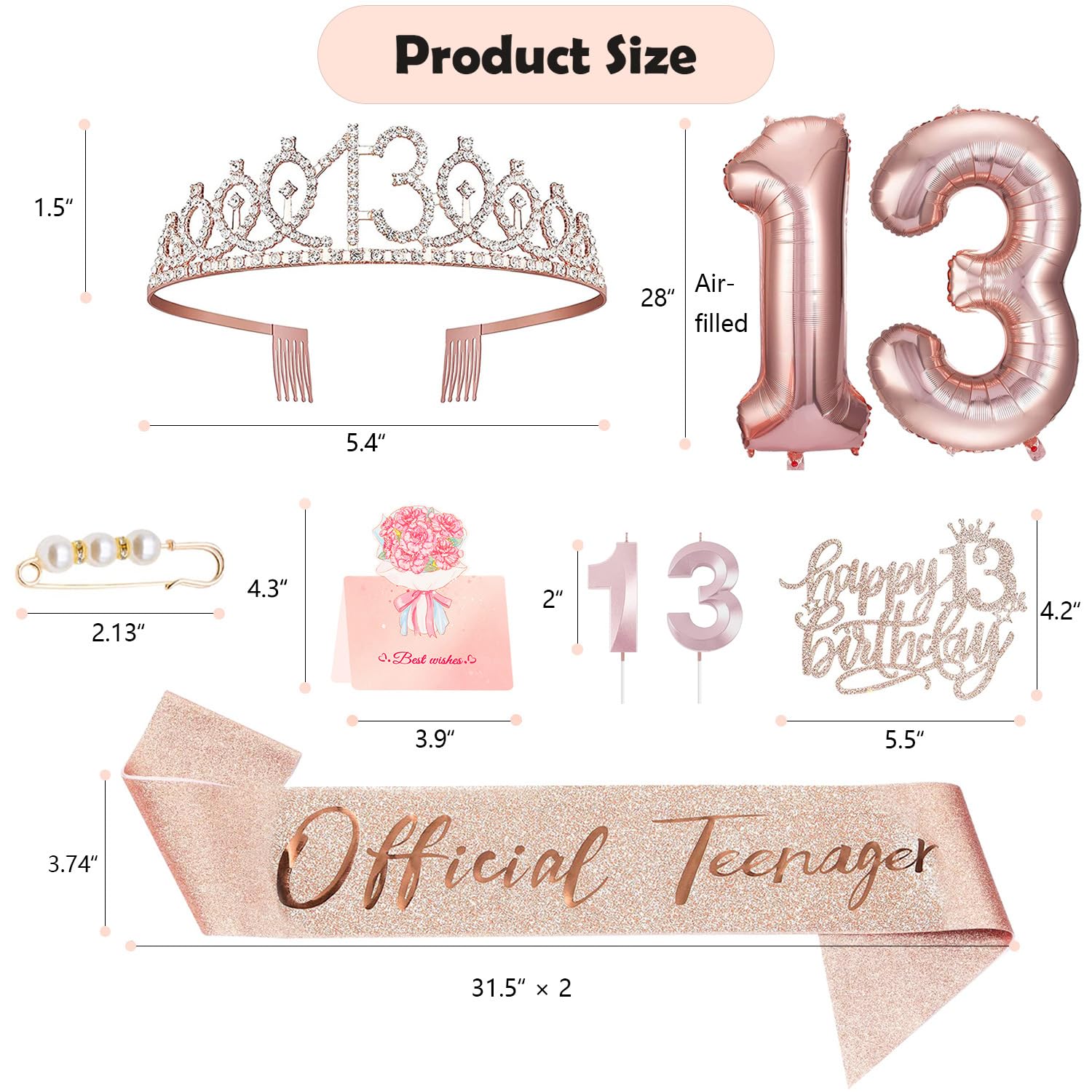 Awfrky 13th Birthday Decorations for Girls - Rose Gold Crown, Sash, Topper & Balloons