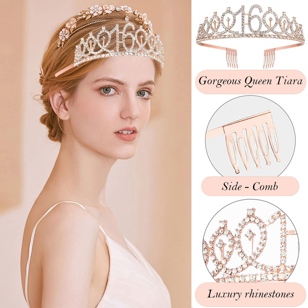 Awfrky Sweet 16 Birthday Decorations – Tiara, Sash, Cake Topper, Balloons & Candles