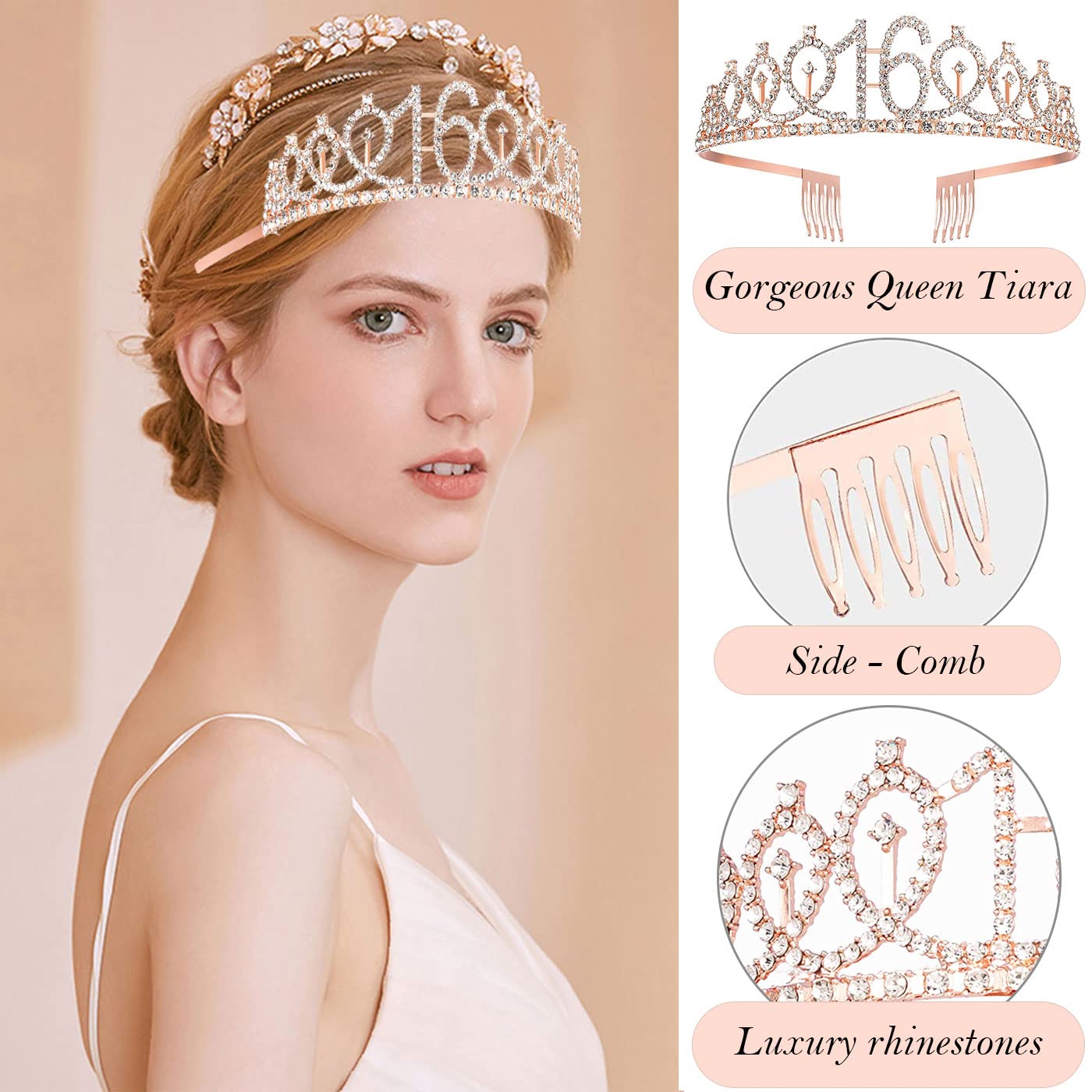 Awfrky Sweet 16 Birthday Decorations – Tiara, Sash, Cake Topper, Balloons & Candles