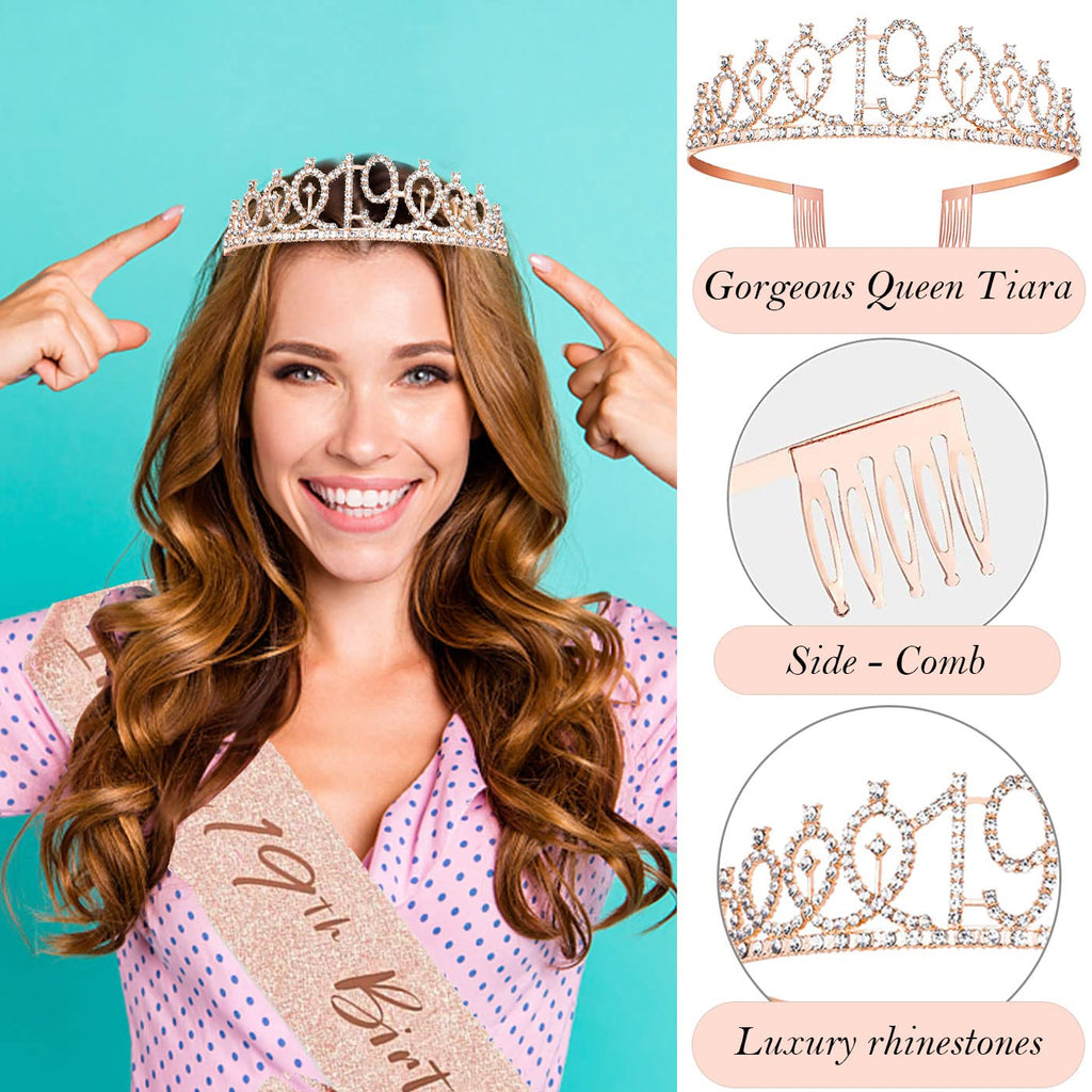 Awfrky 19th Birthday Decorations for Girls – Crown, Sash, Cake Topper, Balloons & Candles