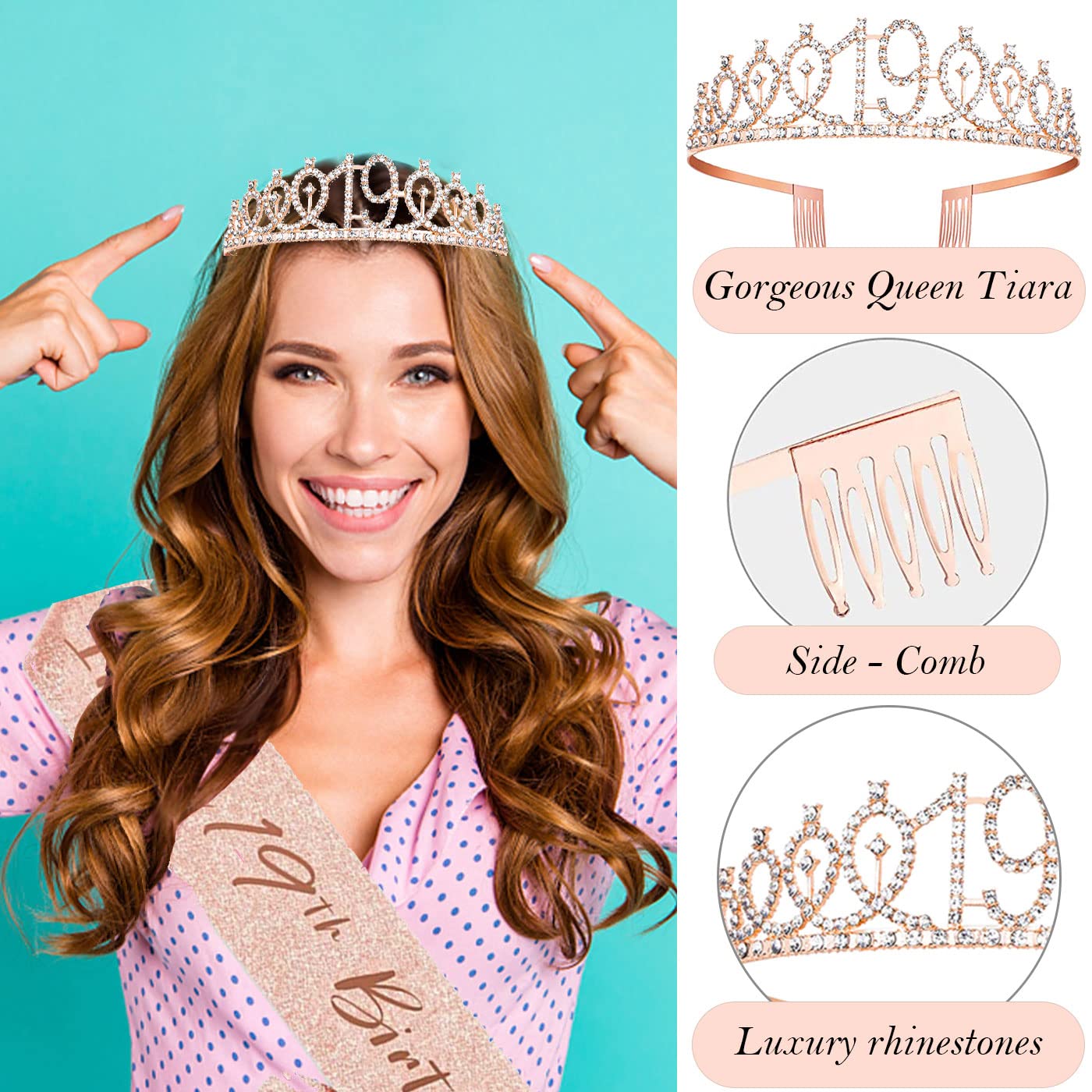 Awfrky 19th Birthday Decorations for Girls – Crown, Sash, Cake Topper, Balloons & Candles