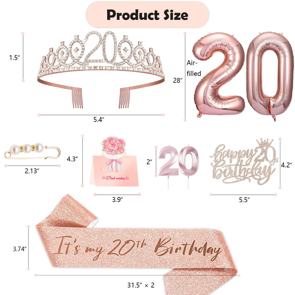 Awfrky 20th Birthday Decorations for Women – Crown, Sash, Cake Topper & Candles (10pcs)