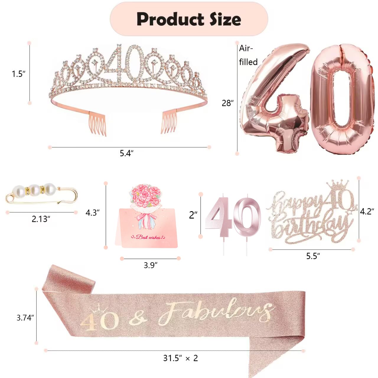 Awfrky 40th Birthday Decorations for Women – Sash, Crown, Cake Topper & Balloons