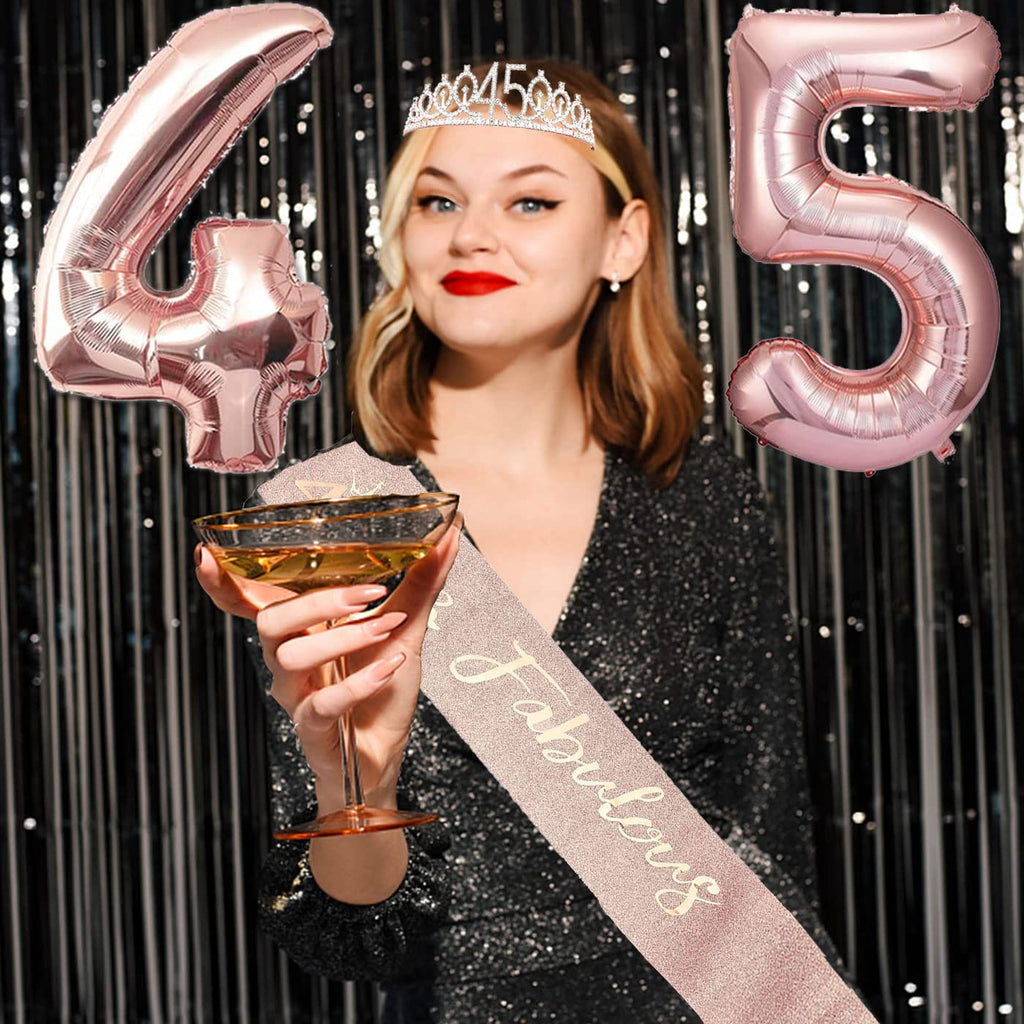 Awfrky 45th Birthday Decorations for Women – Rose Gold Tiara, Sash, Cake Topper & Balloons