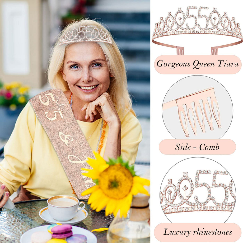 Awfrky 55th Birthday Decorations for Women – Crown, Sash, Cake Topper, Candles & Balloons