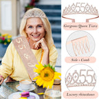 Awfrky 55th Birthday Decorations for Women – Crown, Sash, Cake Topper, Candles & Balloons