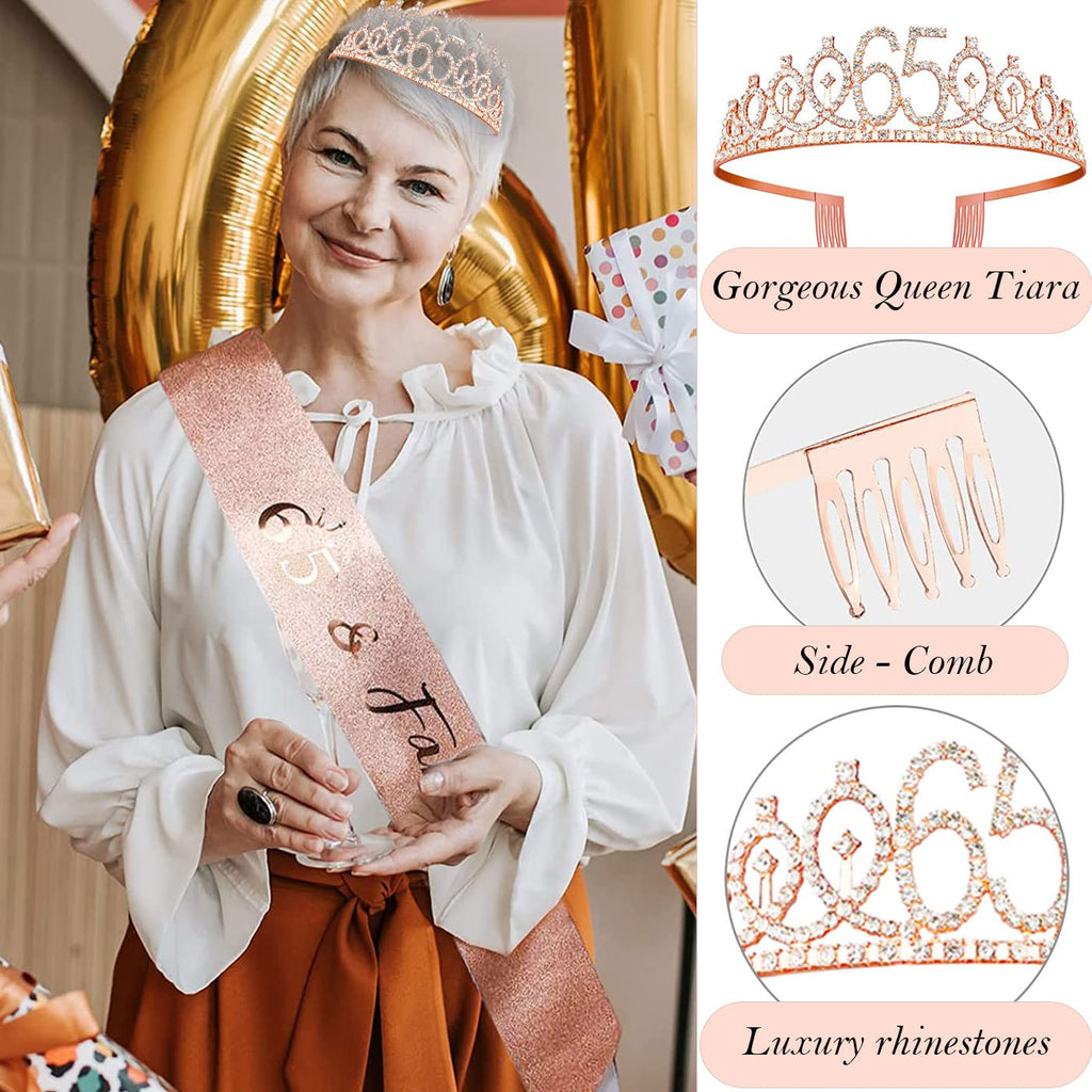 Awfrky 65th Birthday Decorations for Women – Rose Gold Crown, Sash, Cake Topper & Balloons Set