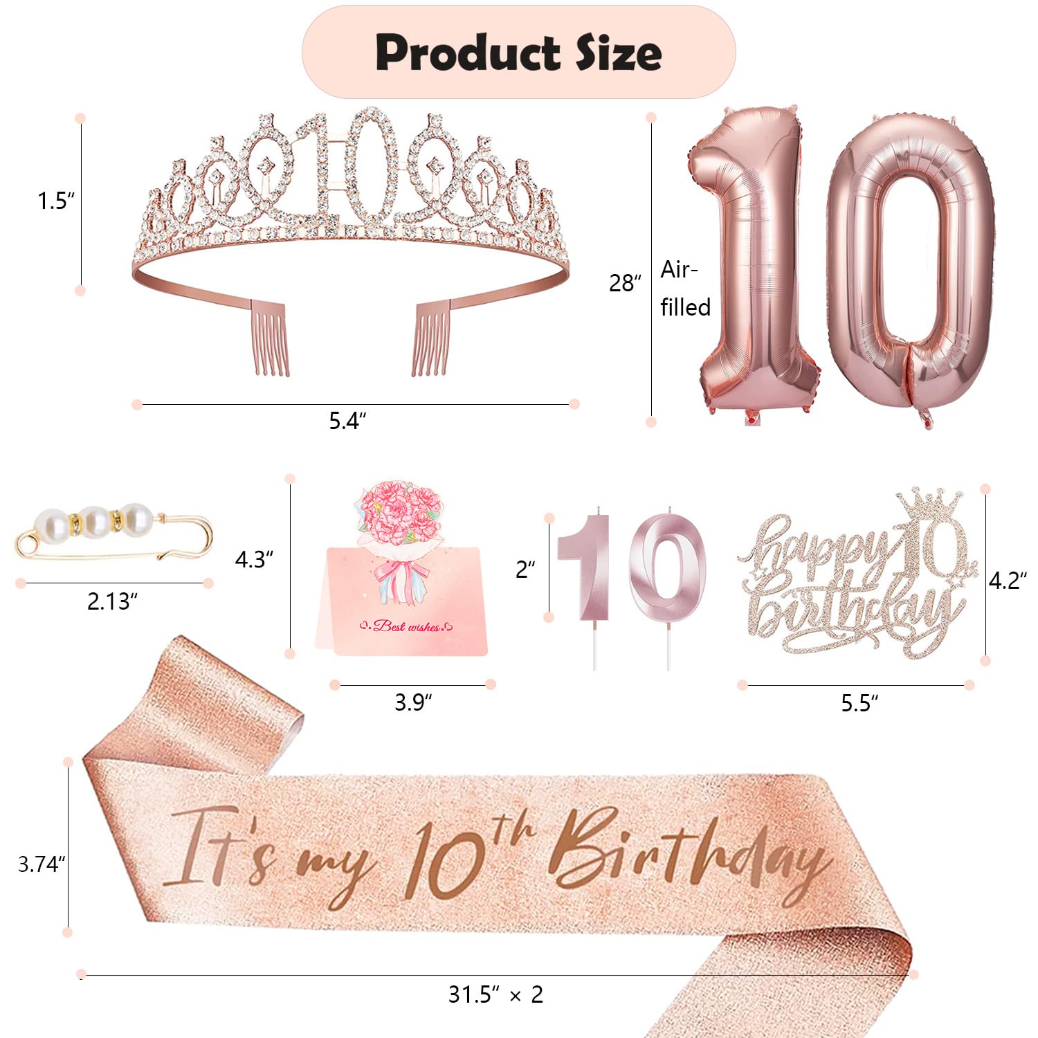 Awfrky 10th Birthday Decorations for Girls – Crown, Sash, Cake Topper, Candles & Balloons