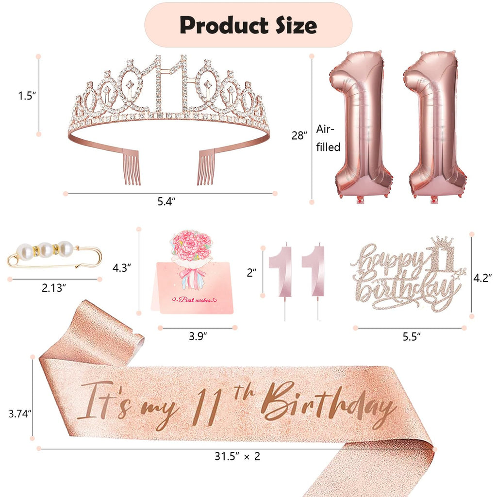 Awfrky 11th Birthday Decorations for Girls – Crown, Sash, Cake Topper, Candles & Balloons