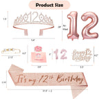 Awfrky 12th Birthday Decorations for Girls – Rose Gold Crown, Sash, Topper & Balloons