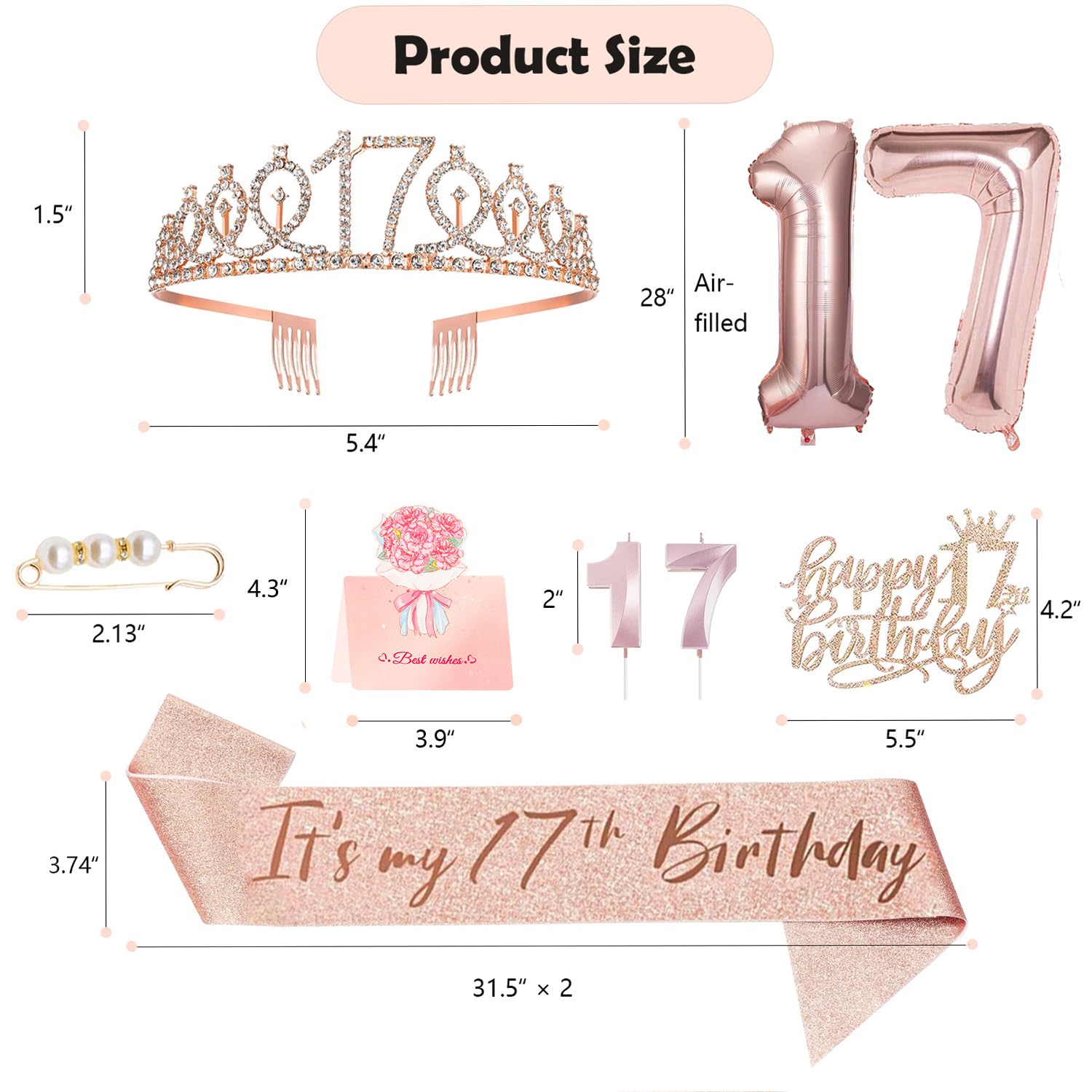 Awfrky 17th Birthday Decorations for Girls – Sash, Crown, Cake Topper, Candles & Balloons