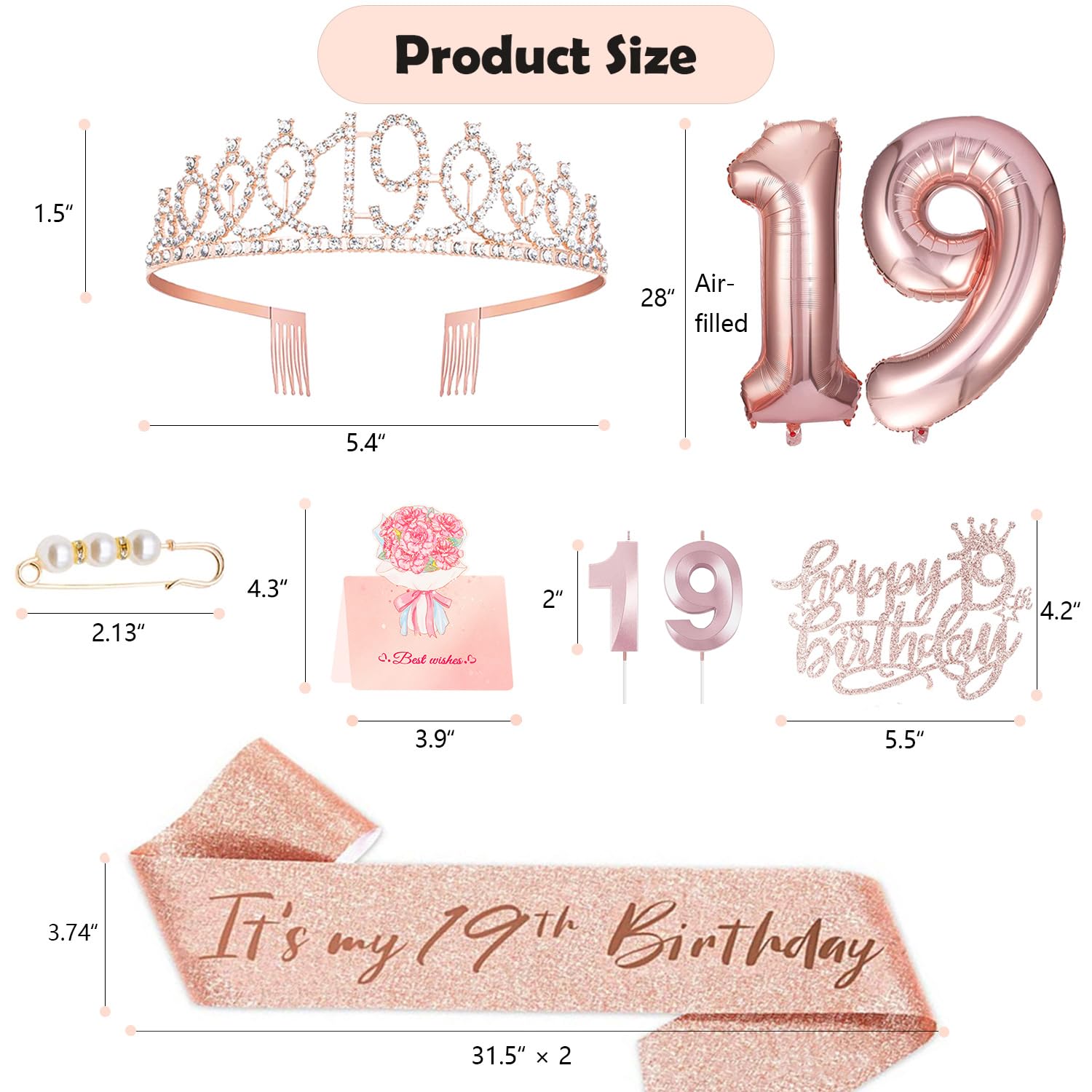 Awfrky 19th Birthday Decorations for Girls – Crown, Sash, Cake Topper, Balloons & Candles