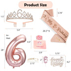 Awfrky 6th Birthday Decorations for Girls — Rose Gold Tiara, Sash, Cake Topper & Balloons